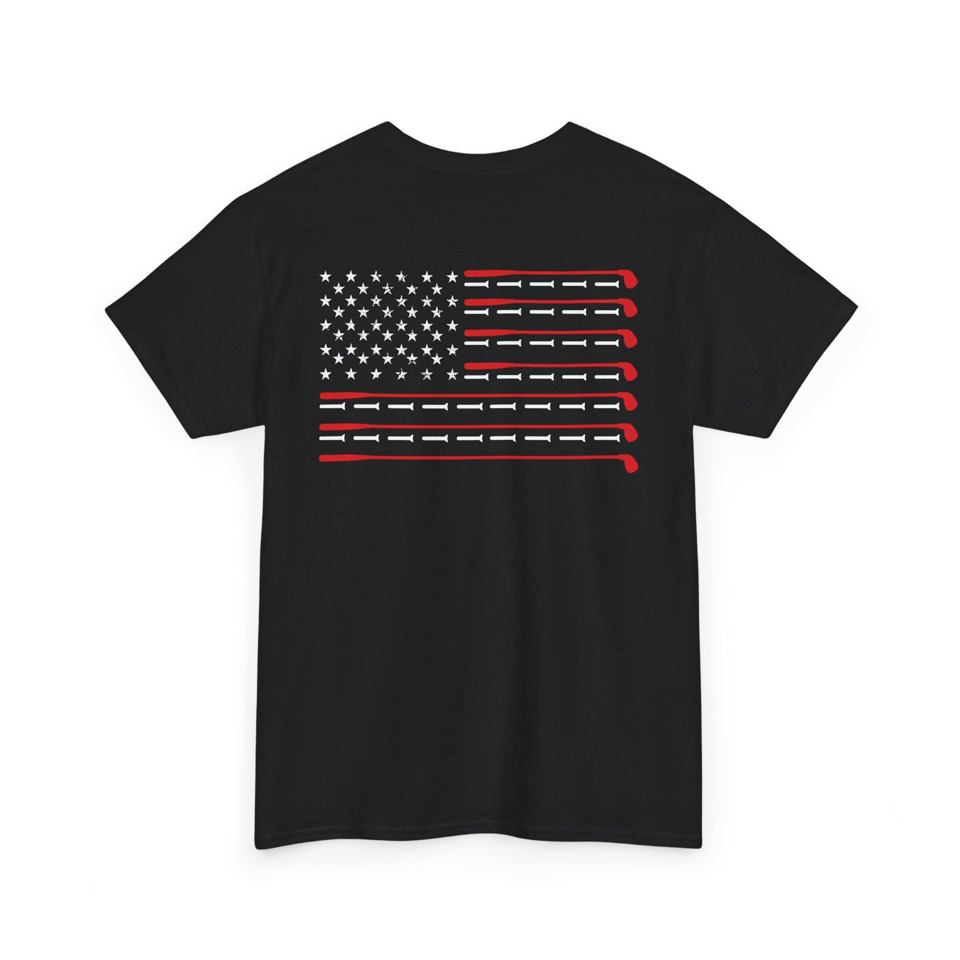 American Flag Golf Shirt featuring a unique design of golf clubs arranged as the American flag on a black background.