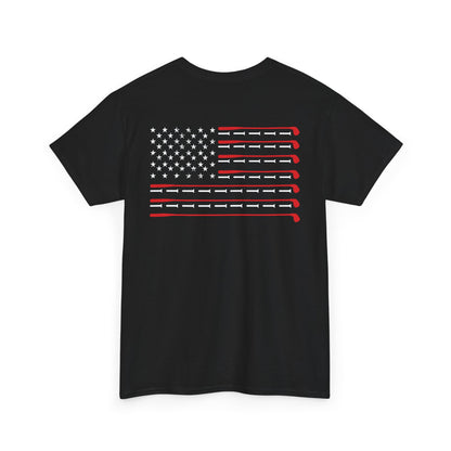 American Flag Golf Shirt featuring a unique design of golf clubs arranged as the American flag on a black background.