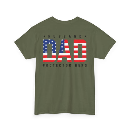 Back view of Husband Dad Protector Shirt featuring American flag design and bold text for patriotic dads.