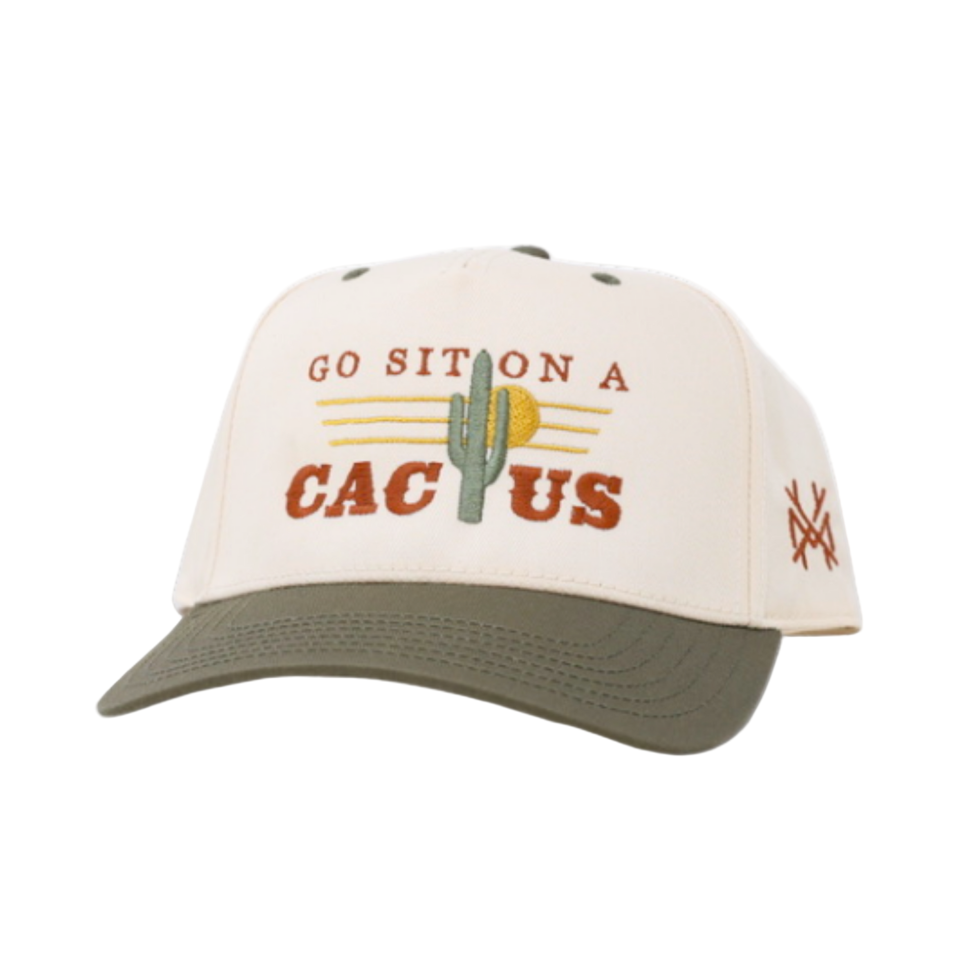 Cap with 'Go Sit on a Cactus' text and cactus graphic on a white background