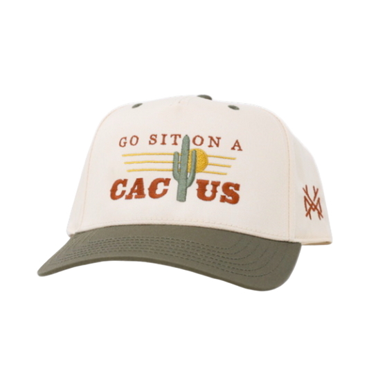Cap with 'Go Sit on a Cactus' text and cactus graphic on a white background