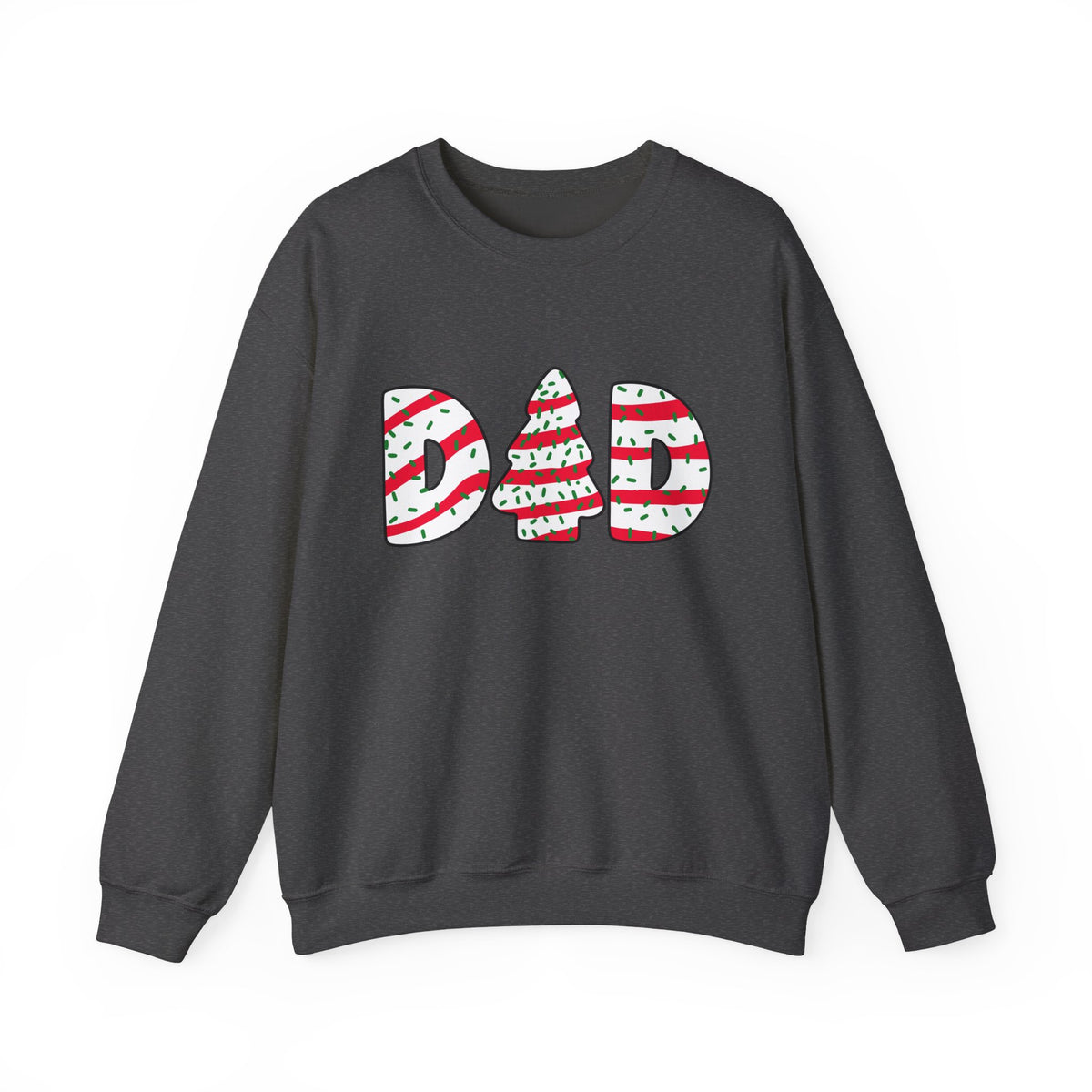 Christmas Tree Cake Dad Sweatshirt featuring icing-inspired letters, for the Holiday Chaos Coordinator Sweatshirt.