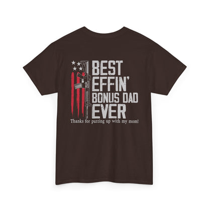 Best Effen Bonus Dad Ever Shirt featuring humorous graphics and text on a dark brown background.