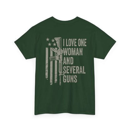 I Love One Woman and Several Guns Shirt with American flag design on olive green shirt.