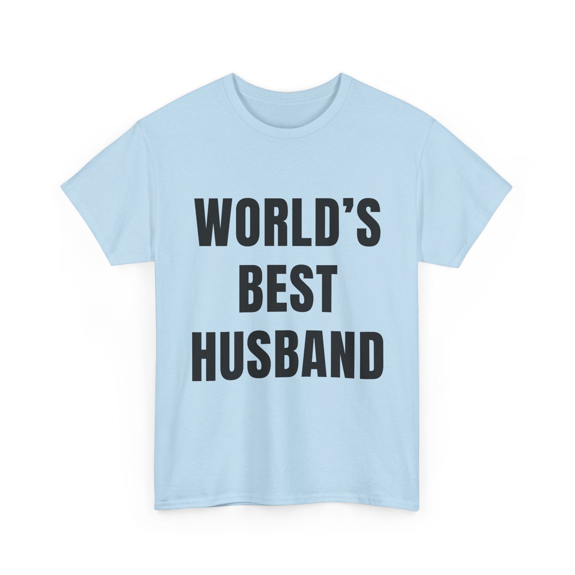 Worlds Best Husband Shirt in light blue with bold text, perfect for humorous gifts for husbands.