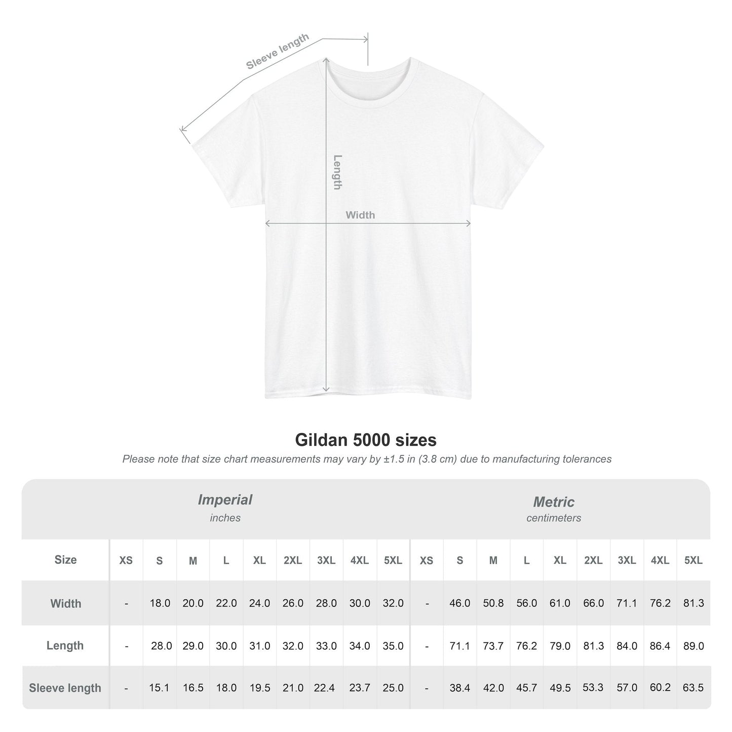 Gildan 5000 size chart for drunkin grownups shirt showing measurements in inches and centimeters.