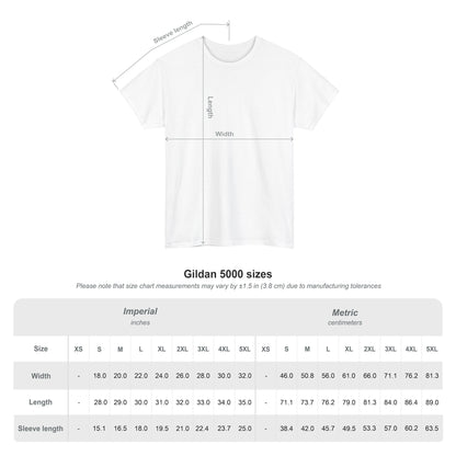 Gildan 5000 size chart for drunkin grownups shirt showing measurements in inches and centimeters.