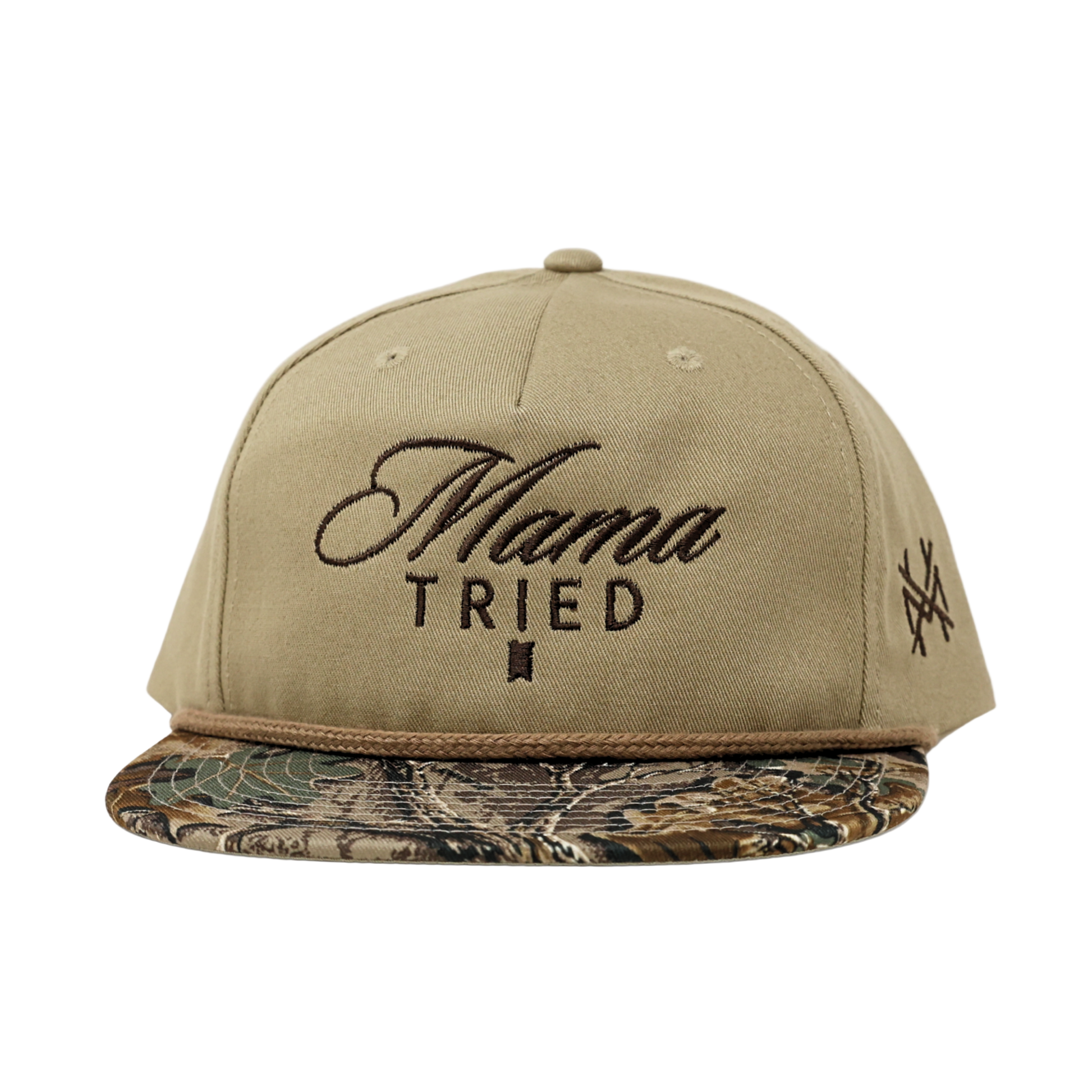 Beige cap with 'Mama Tried' text and camouflage bill on a white background