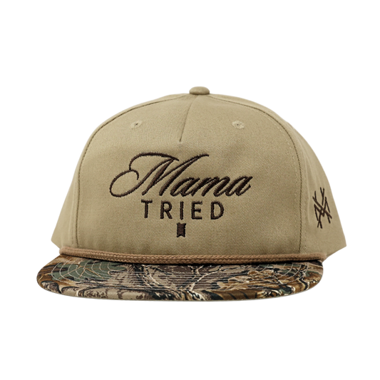 Beige cap with 'Mama Tried' text and camouflage bill on a white background