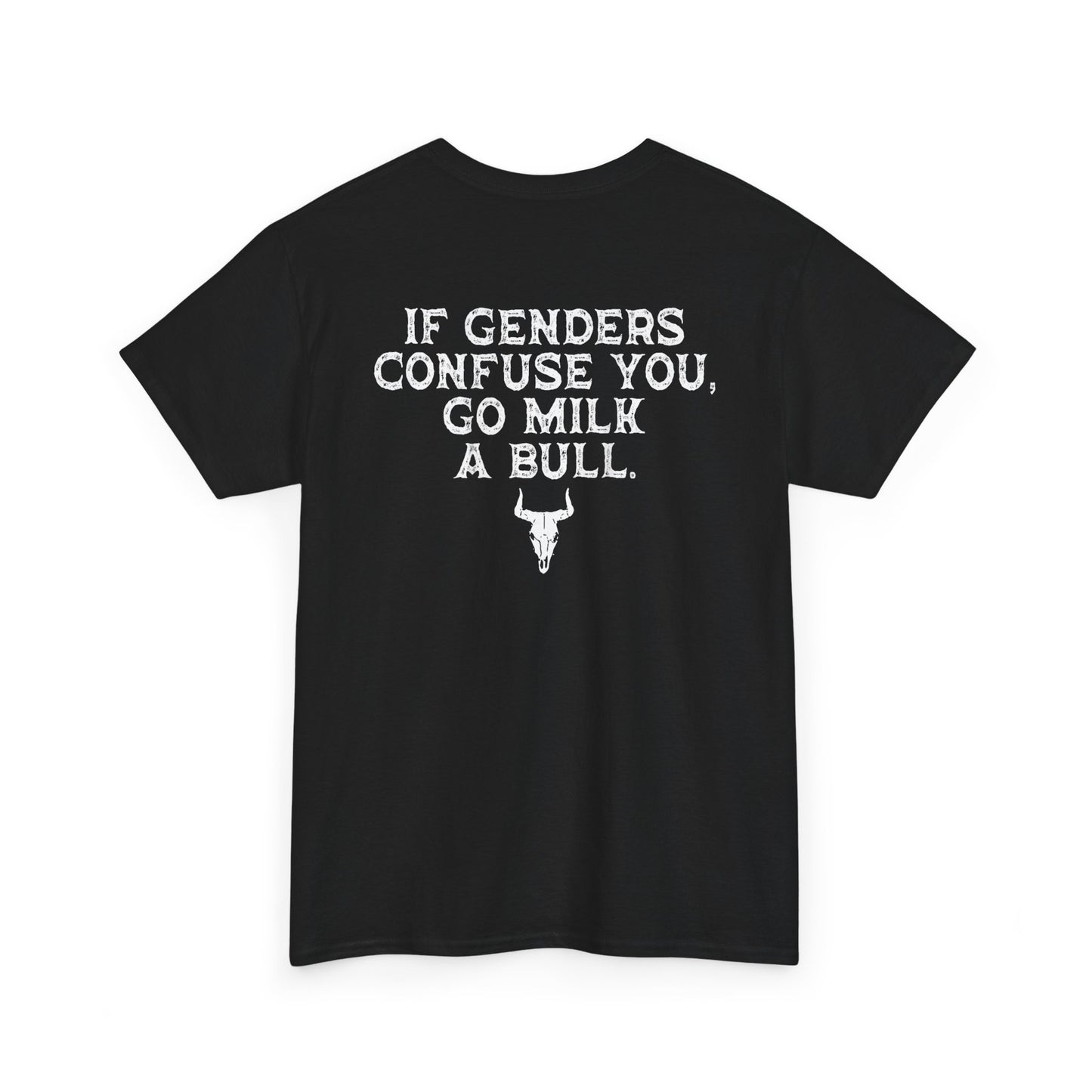 Back view of If Genders Confuse You Go Milk A Bull T-Shirt with humorous text and bull graphic on a black background.