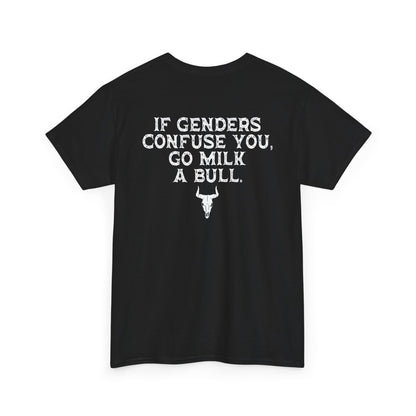 Back view of If Genders Confuse You Go Milk A Bull T-Shirt with humorous text and bull graphic on a black background.