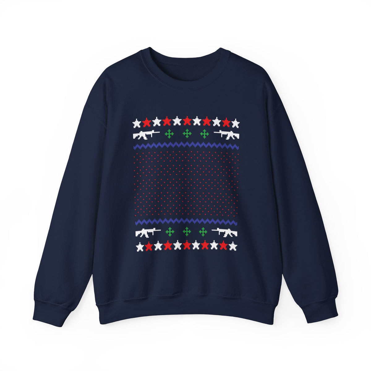 Gun Lover Christmas Sweatshirt featuring holiday knit design with rifles and stars, perfect for 2A enthusiasts.