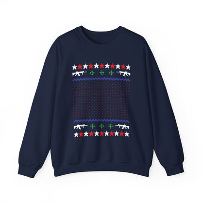 Gun Lover Christmas Sweatshirt featuring holiday knit design with rifles and stars, perfect for 2A enthusiasts.