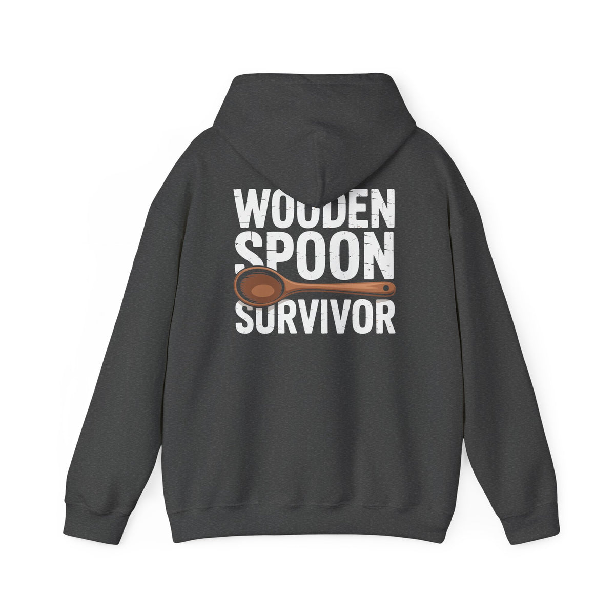 Wooden Spoon Survivor Hoodie featuring a graphic design with a wooden spoon on a black hoodie.