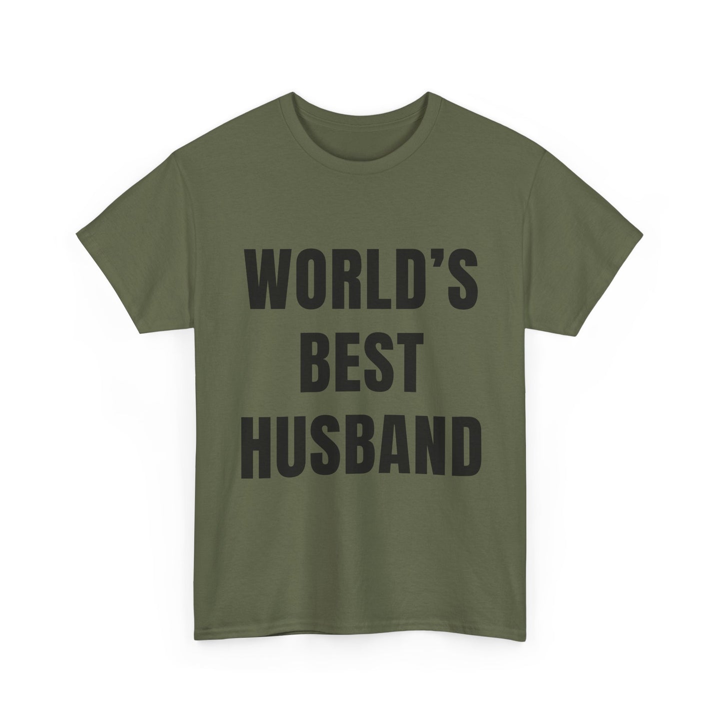 Worlds Best Husband Shirt displayed in olive green with bold black text, perfect for humorous husband gifts.