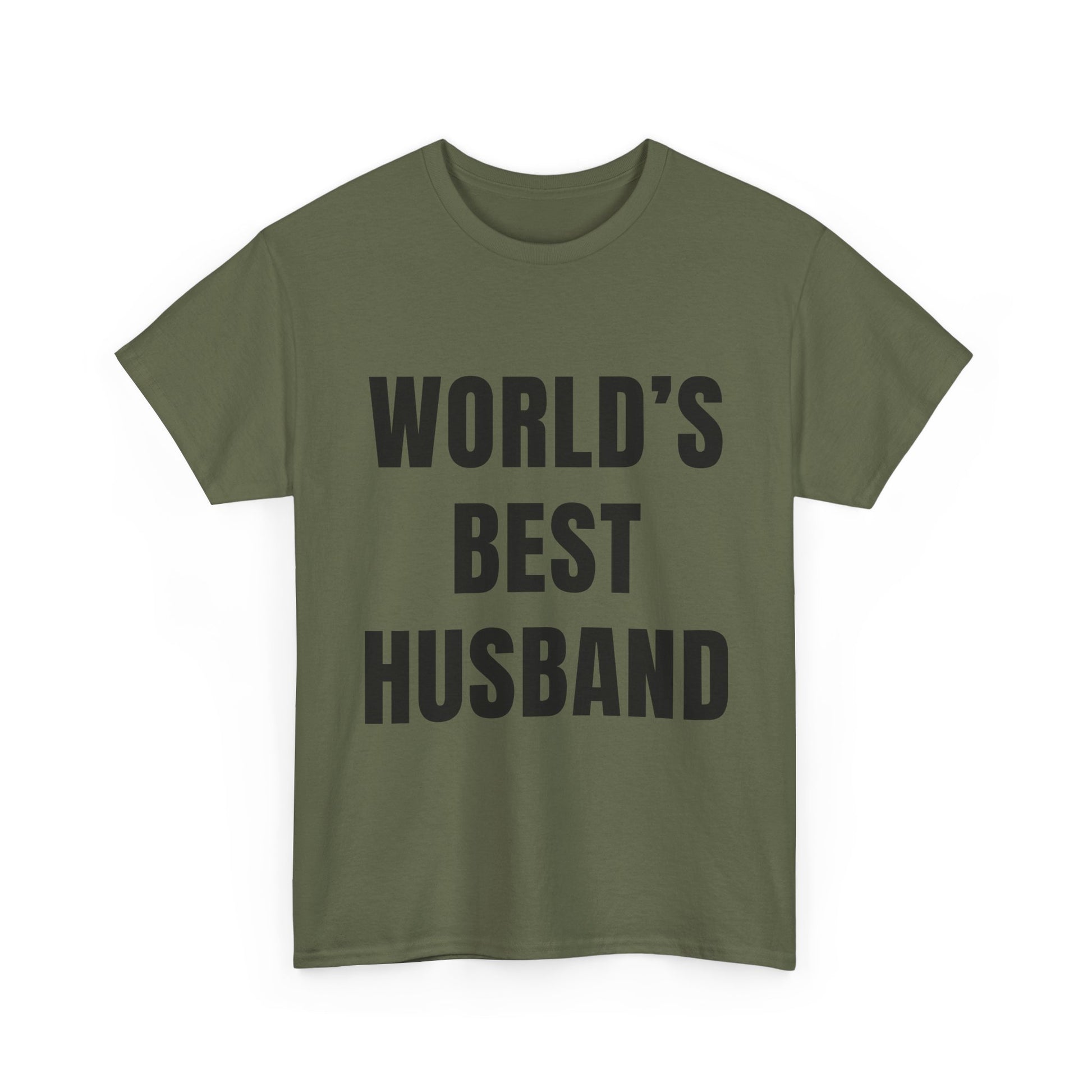 Worlds Best Husband Shirt displayed in olive green with bold black text, perfect for humorous husband gifts.
