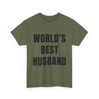 Worlds Best Husband Shirt displayed in olive green with bold black text, perfect for humorous husband gifts.