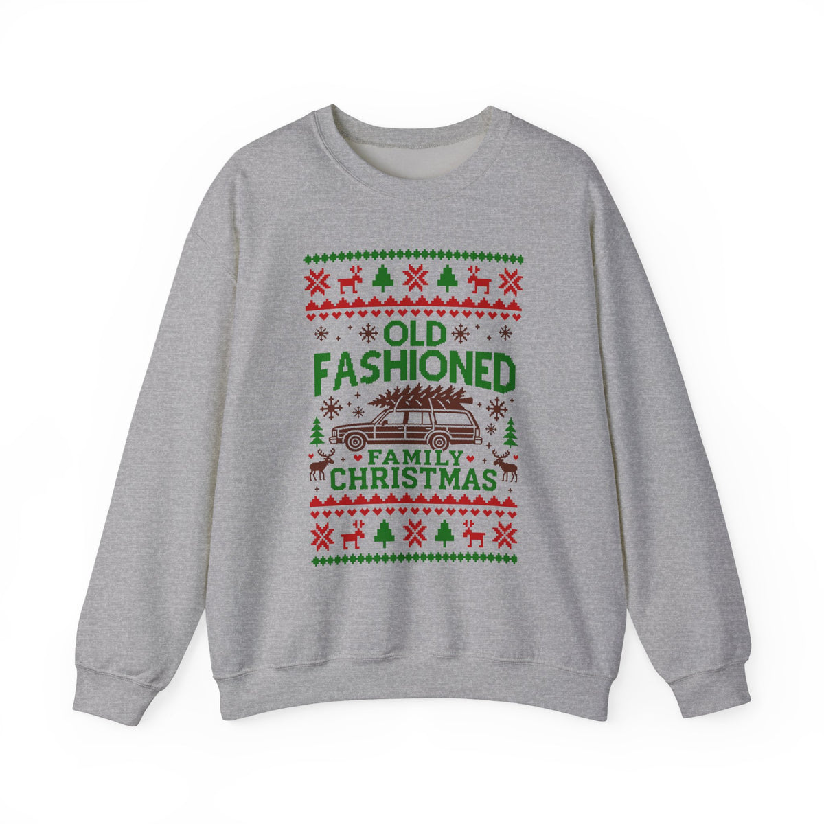 Old Fashioned Family Christmas Sweatshirt featuring a retro wagon with a Christmas tree design.