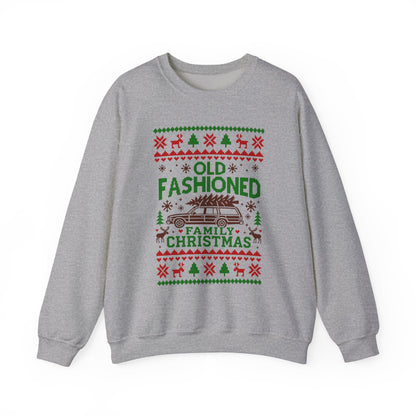 Old Fashioned Family Christmas Sweatshirt featuring a retro wagon with a Christmas tree design.