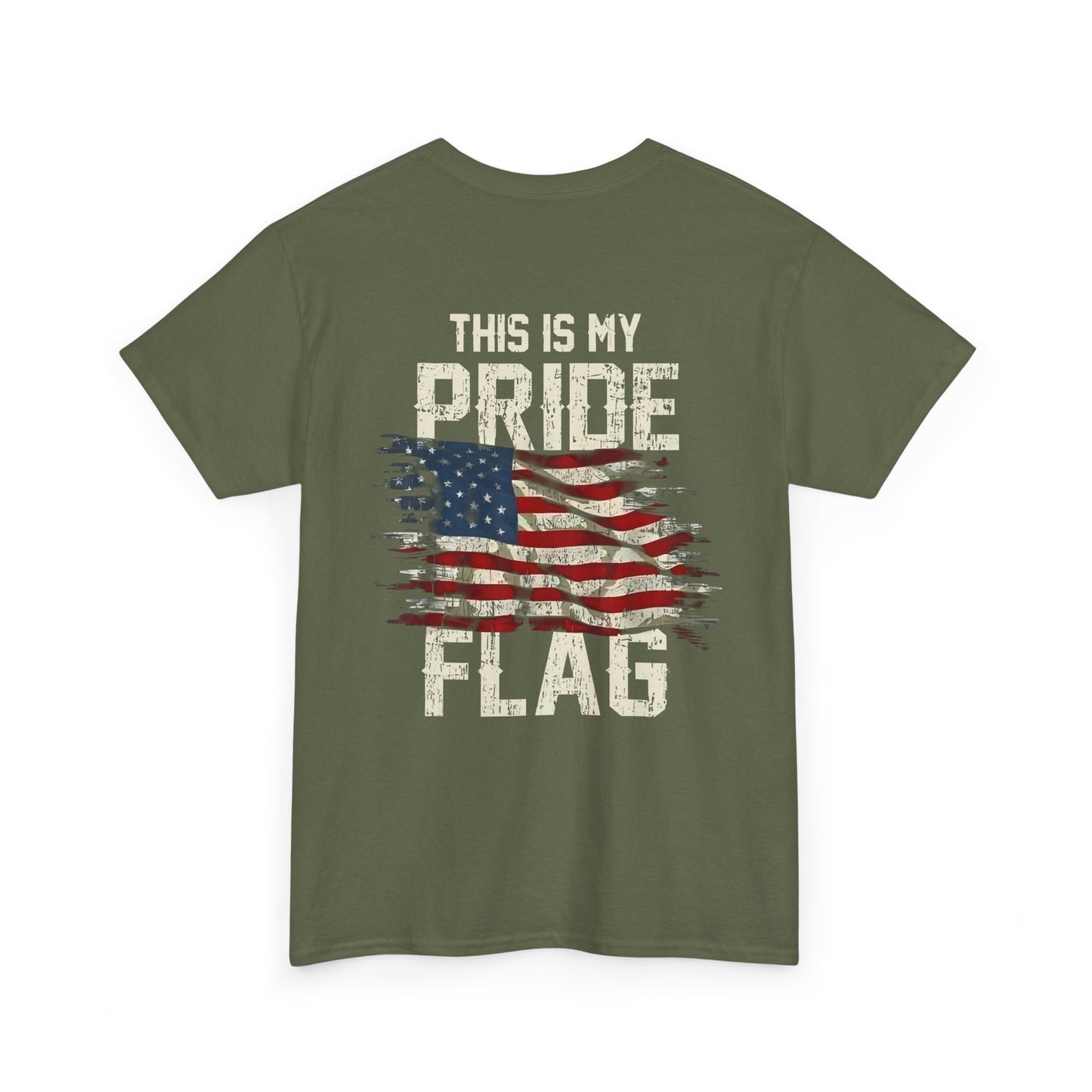 This Is My Pride Flag T-Shirt in olive color featuring an American flag graphic, perfect for patriotic events and casual wear.