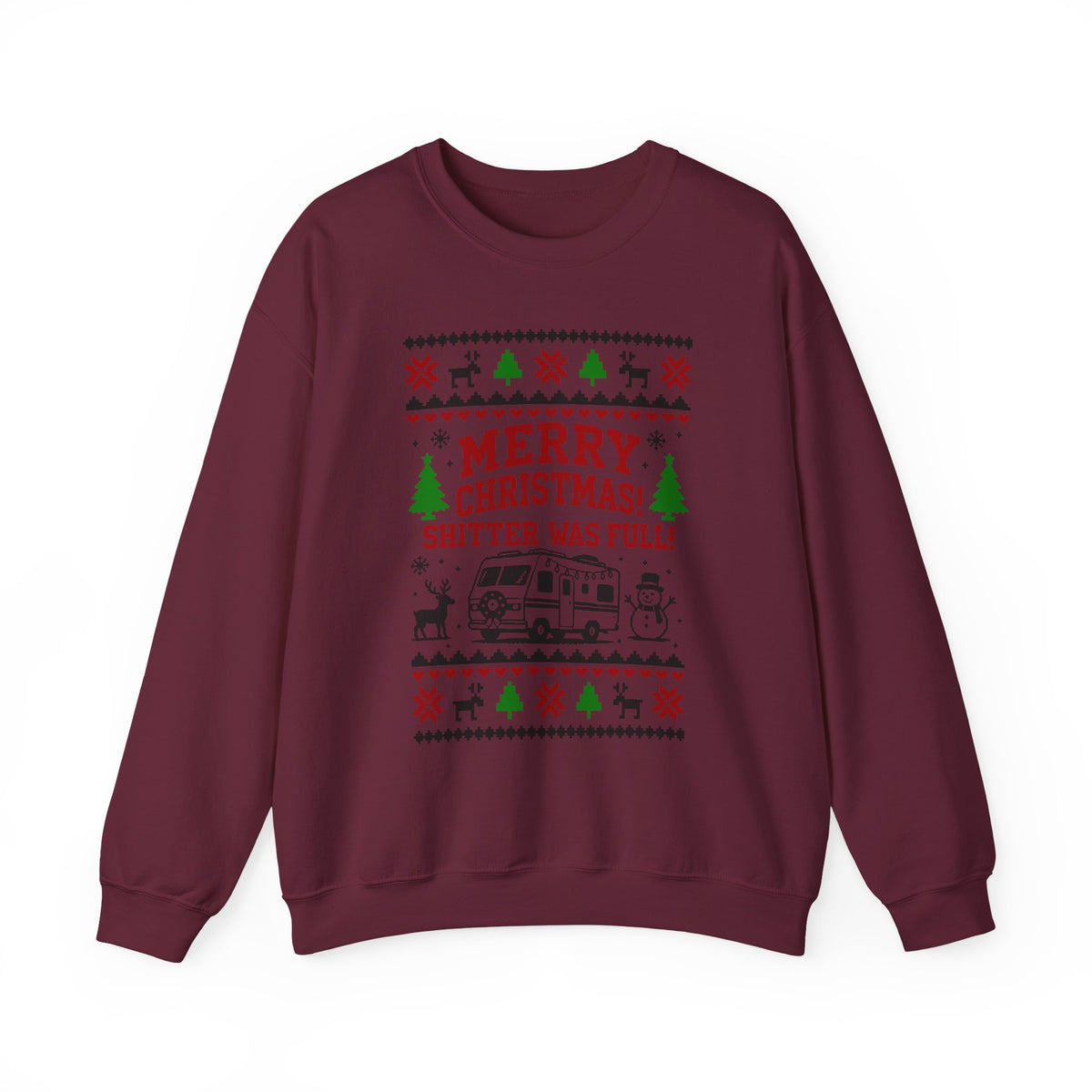 Merry Christmas Shitter Was Full Sweatshirt with vintage camper RV and holiday designs.
