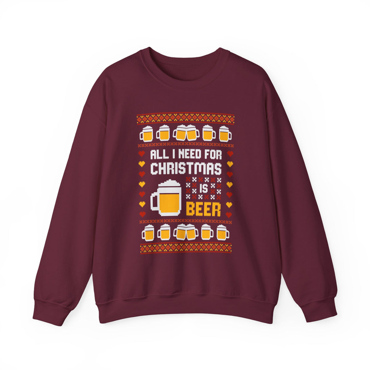 All I Need For Christmas Is Beer Sweatshirt in burgundy featuring beer mugs and festive decorations.