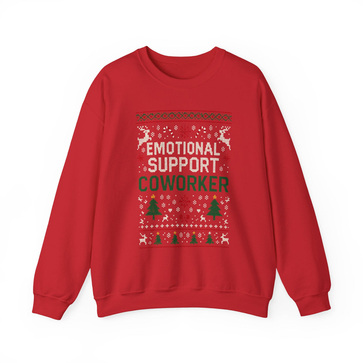 Emotional Support Coworker Sweatshirt in festive holiday design with red background and knit-style lettering.