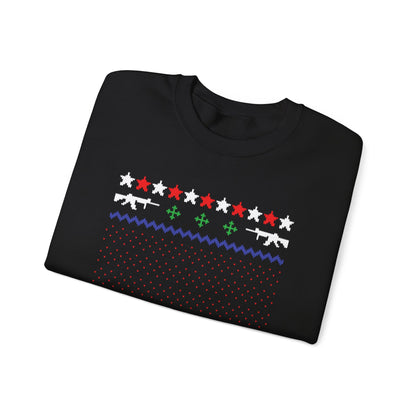 Gun Lover Christmas Sweatshirt featuring rifle silhouettes and festive colors in a holiday knit design.