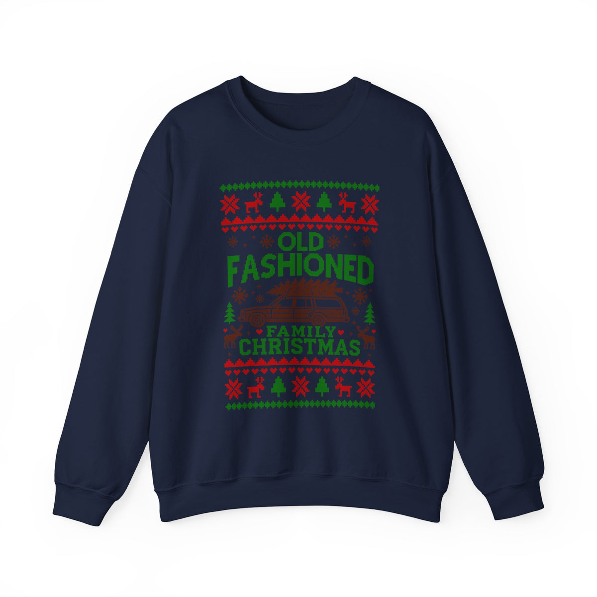 Old Fashioned Family Christmas Sweatshirt featuring retro design with station wagon and holiday graphics.