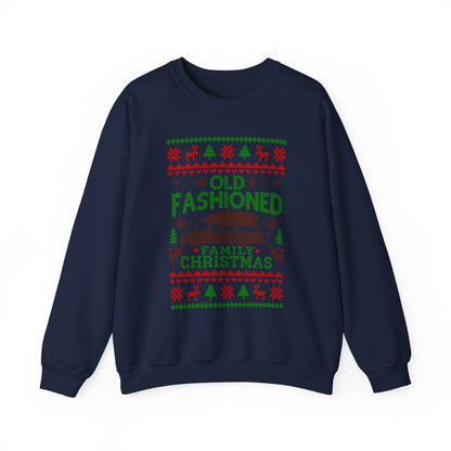Old Fashioned Family Christmas Sweatshirt featuring retro design with station wagon and holiday graphics.