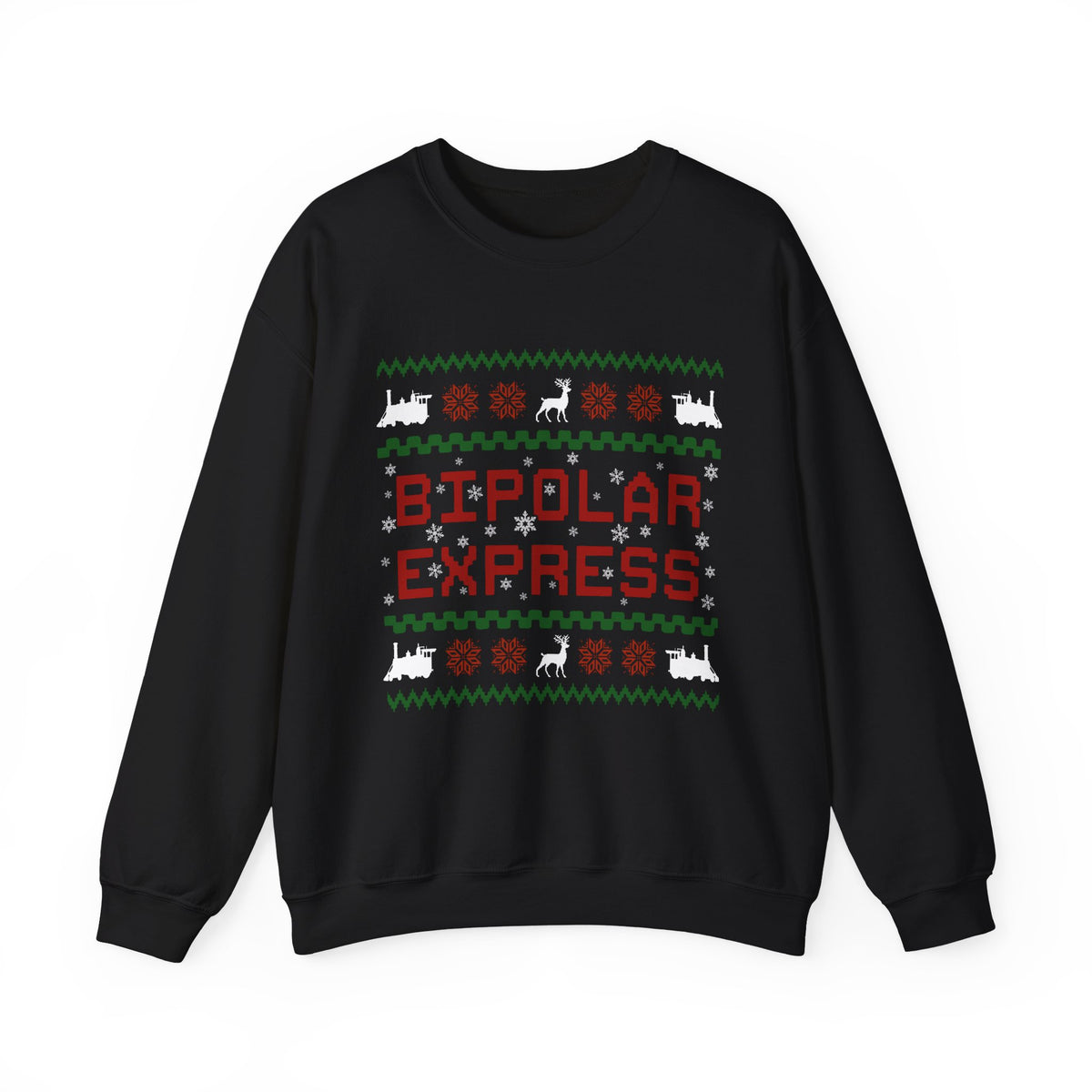 Bipolar Express Sweatshirt featuring bold text and holiday graphics on a black crewneck.