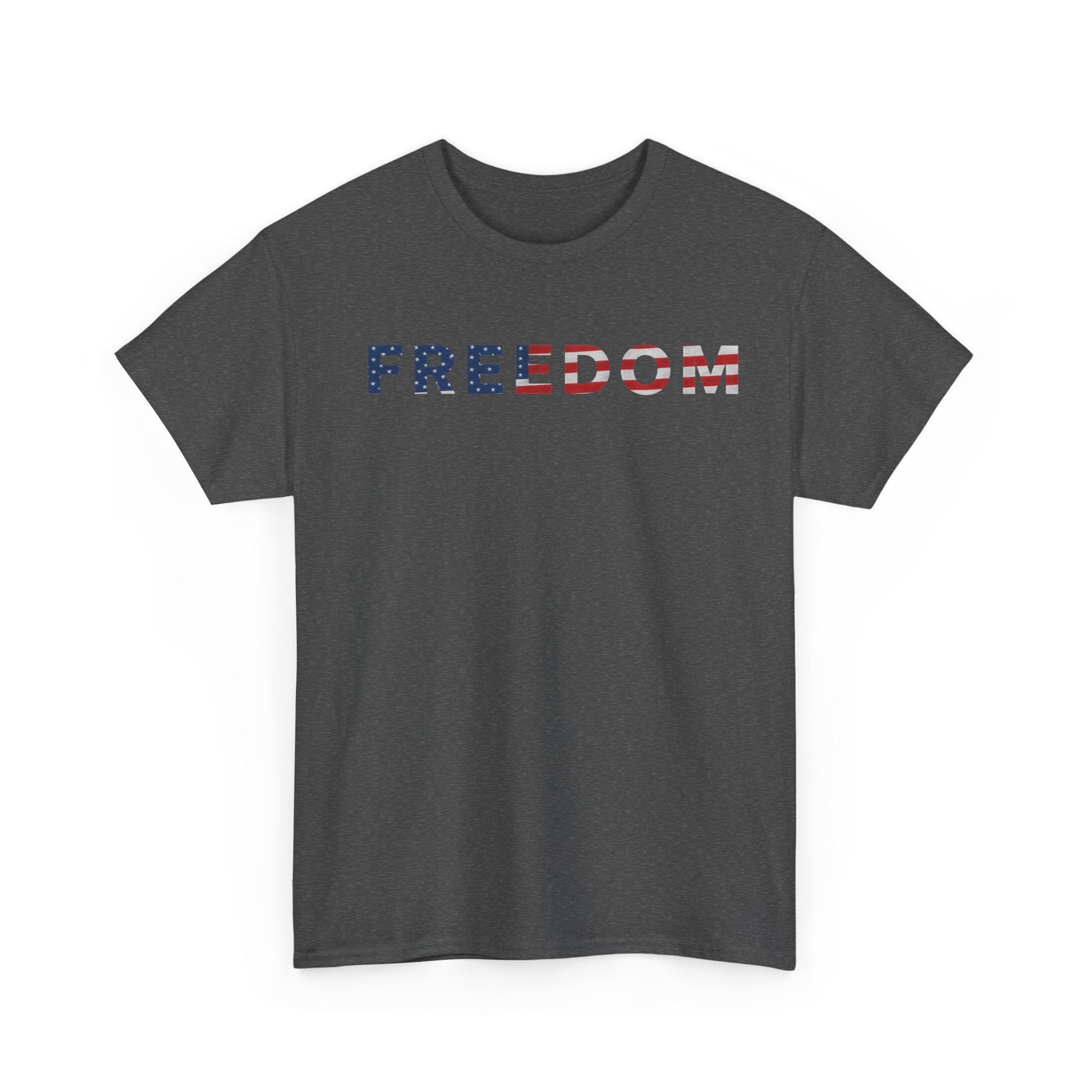 Freedom 250 USA Anniversary Tee with 'Freedom' text in American flag design.