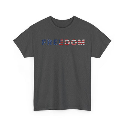 Freedom 250 USA Anniversary Tee with 'Freedom' text in American flag design.