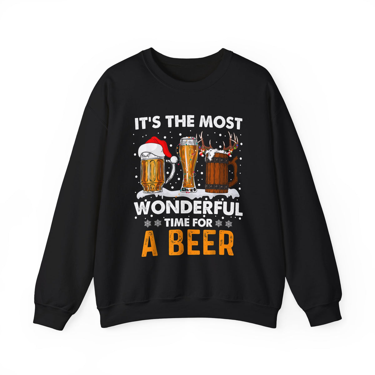 It's The Most Wonderful Time For A Beer Sweatshirt featuring festive beer designs on a black crewneck.