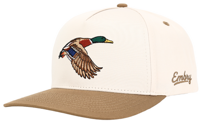 Mallard Duck Hunting Trucker Cap with embroidered flying duck design and snapback closure, ideal outdoor waterfowl hat for hunting enthusiasts.