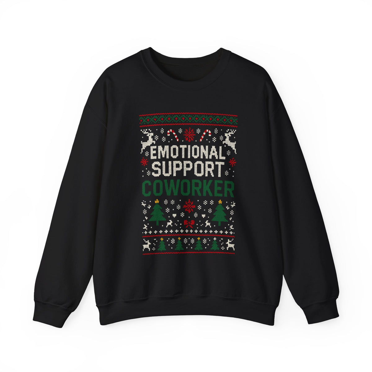 Emotional Support Coworker Sweatshirt featuring festive design with chunky lettering and holiday motifs.