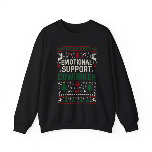Emotional Support Coworker Sweatshirt featuring festive design with chunky lettering and holiday motifs.