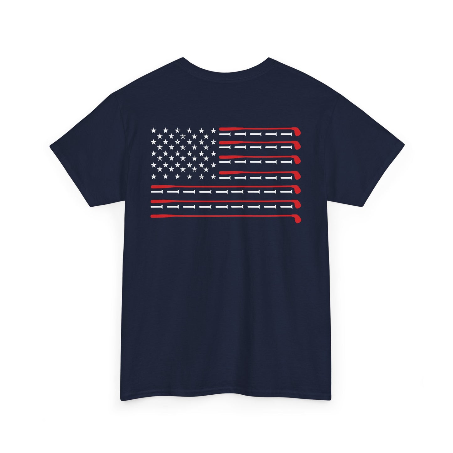 American Flag Golf Shirt featuring golf clubs arranged in the shape of the American flag on the back.