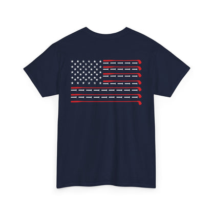 American Flag Golf Shirt featuring golf clubs arranged in the shape of the American flag on the back.