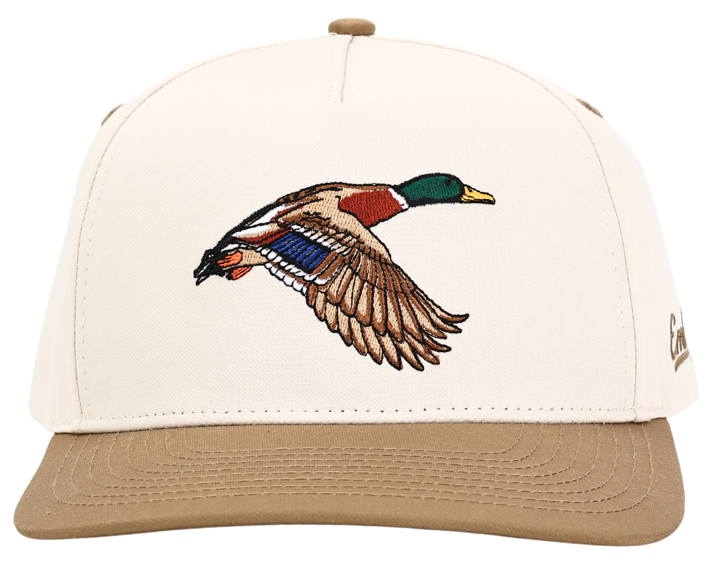 Mallard Duck Hunting Trucker Cap with embroidered mallard duck, featuring a snapback closure and soft polyester material.