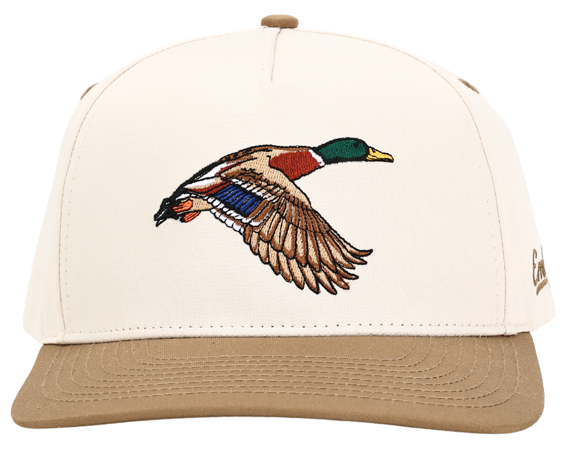 Mallard Duck Hunting Trucker Cap with embroidered mallard duck, featuring a snapback closure and soft polyester material.