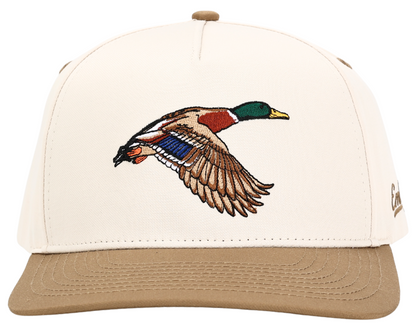Mallard Duck Hunting Trucker Cap with embroidered mallard duck, featuring a snapback closure and soft polyester material.