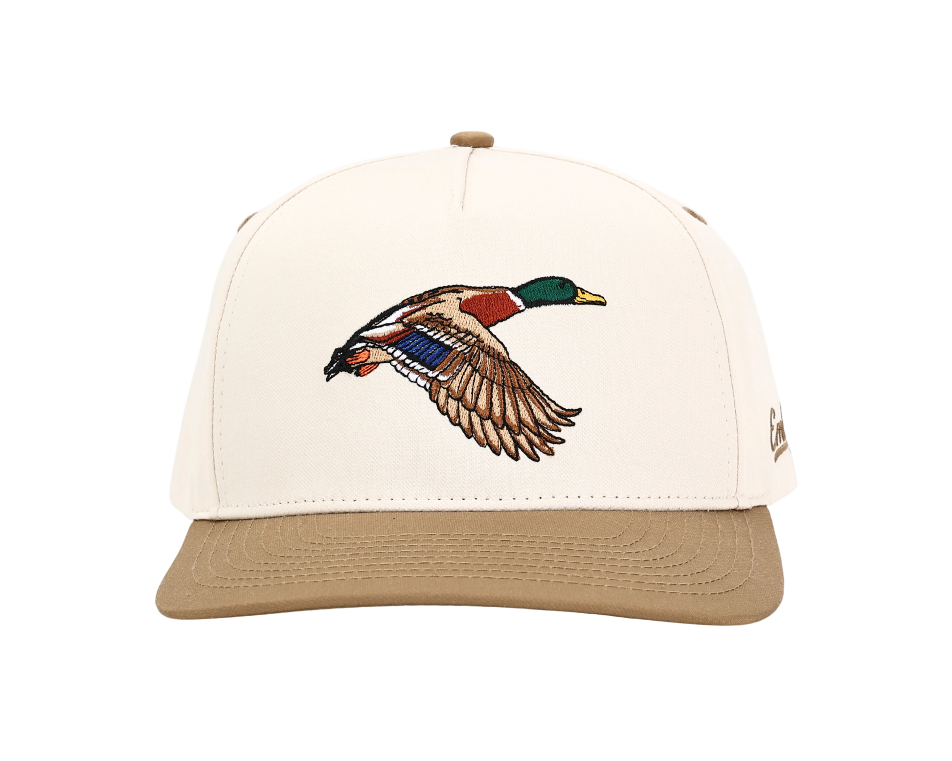 Cap with a duck design on a beige and brown background