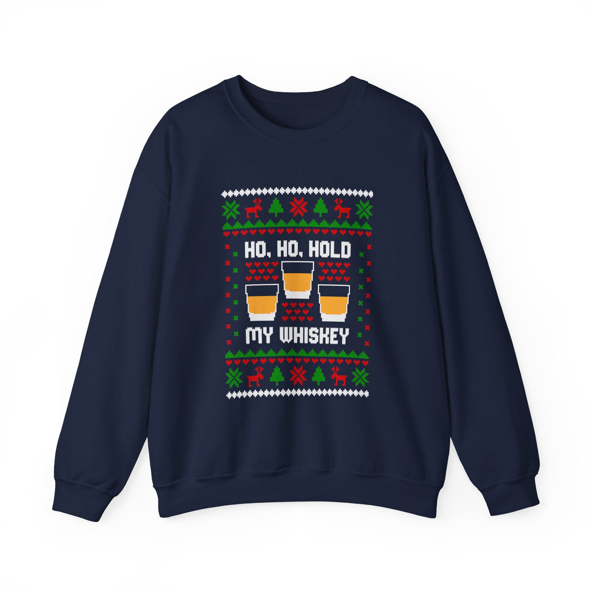 Ho Ho Hold My Whiskey Sweatshirt featuring three whiskey glasses and festive holiday designs on a navy crewneck.