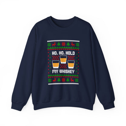 Ho Ho Hold My Whiskey Sweatshirt featuring three whiskey glasses and festive holiday designs on a navy crewneck.