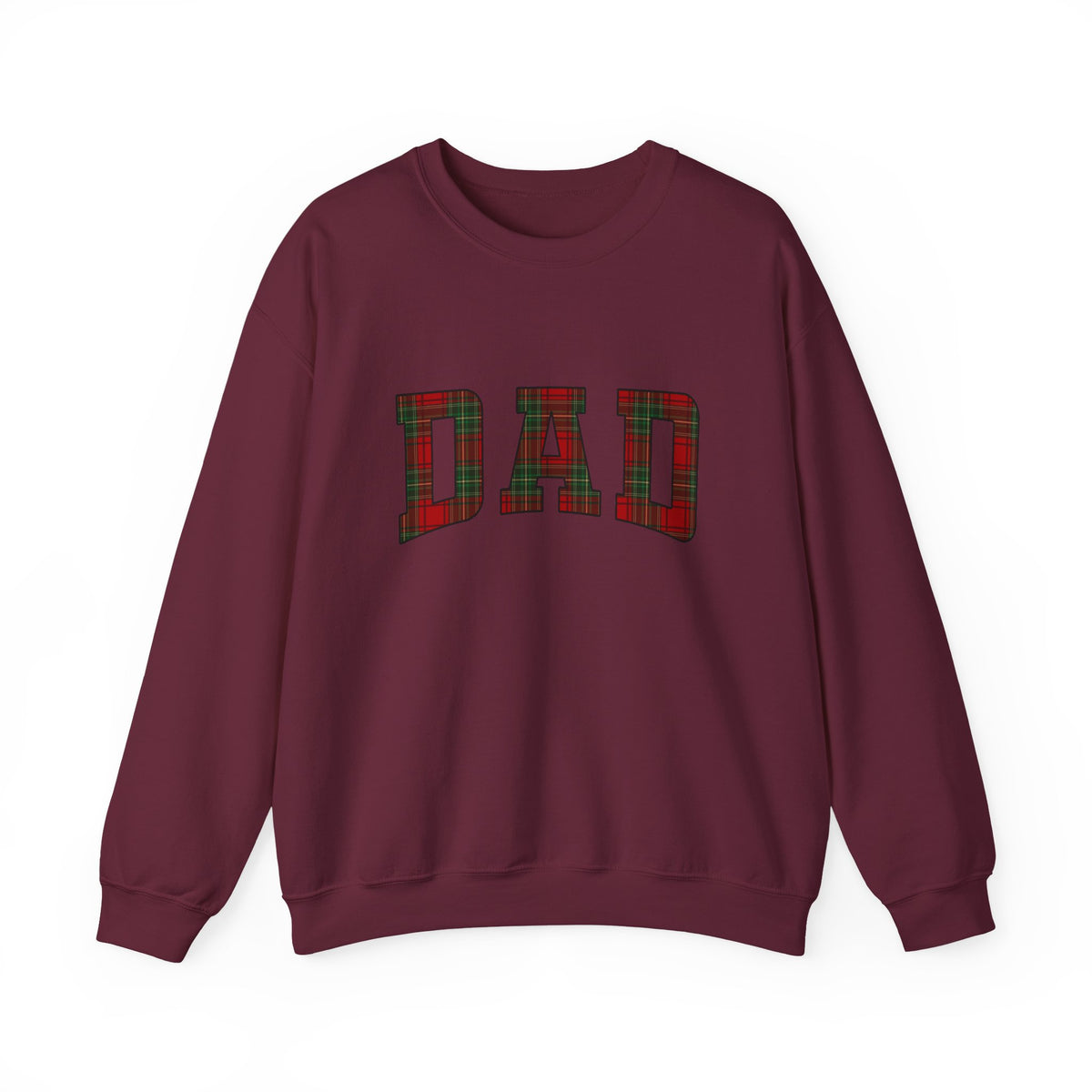 Christmas Plaid Dad Sweatshirt featuring oversized plaid letters spelling DAD on a burgundy crewneck.