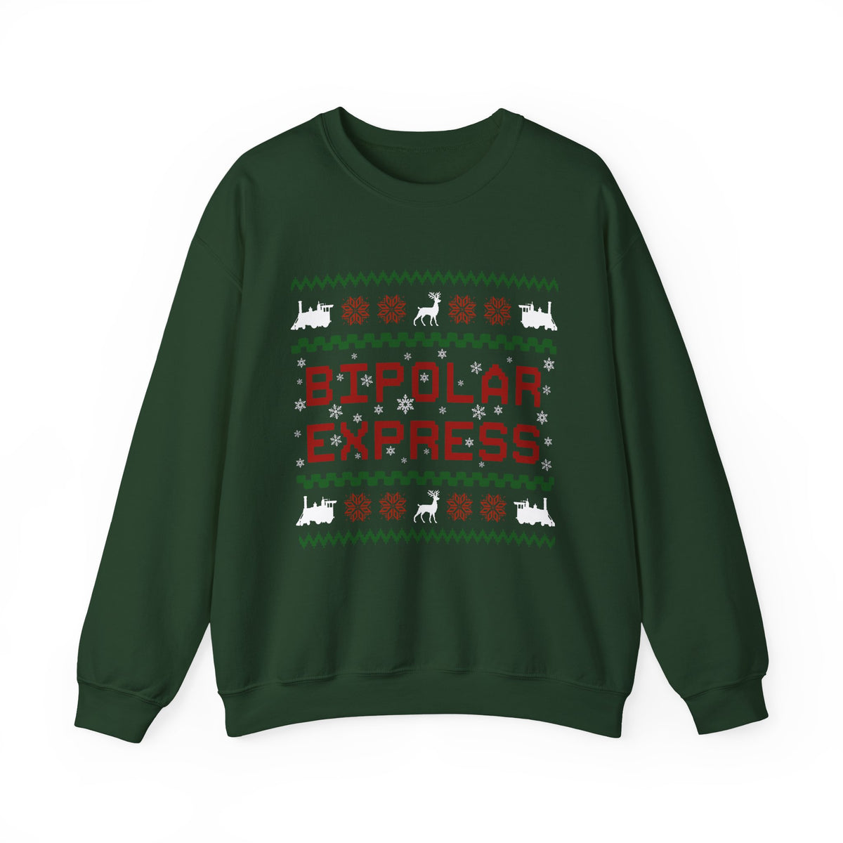 Bipolar Express Sweatshirt featuring festive design with trains, reindeer, and snowflakes on a dark green crewneck.