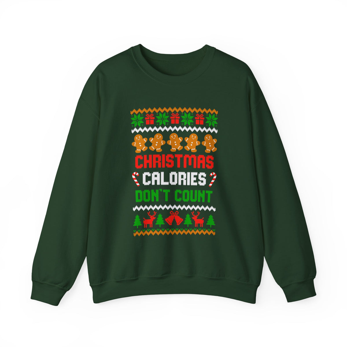 Christmas Calories Don't Count Sweatshirt featuring festive gingerbread cookies and holiday decor.