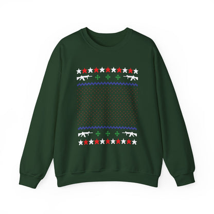 Gun Lover Christmas Sweatshirt with rifle silhouettes and festive colors on a dark green background.