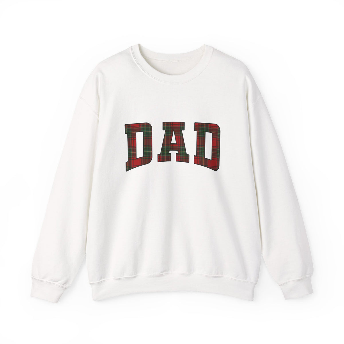 Christmas Plaid Dad Sweatshirt featuring oversized plaid 'DAD' letters on a white crewneck.